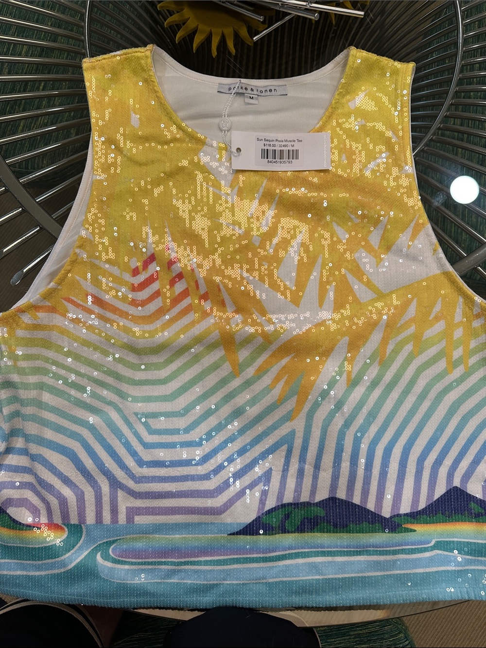 NWT Parke & Ronen Yellow Sequin Palm Print Crop Swim Top